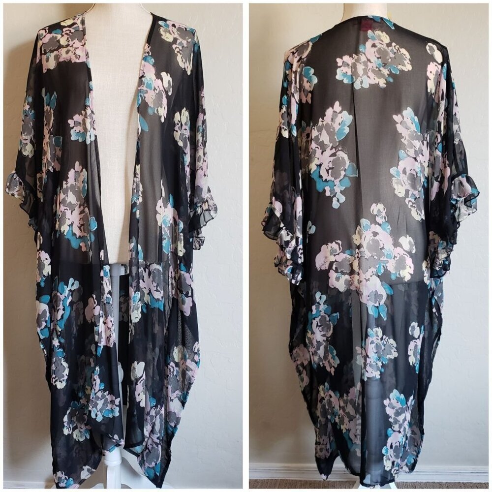 Betsey Johnson Sheer Floral Duster Kimono Ruffle Sleeve Black Sz Womens One Size